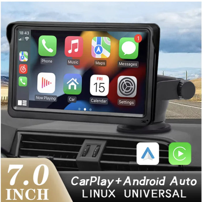 7-inch car navigation screen with CarPlay and Android Auto compatibility, mounted on a car dashboard.