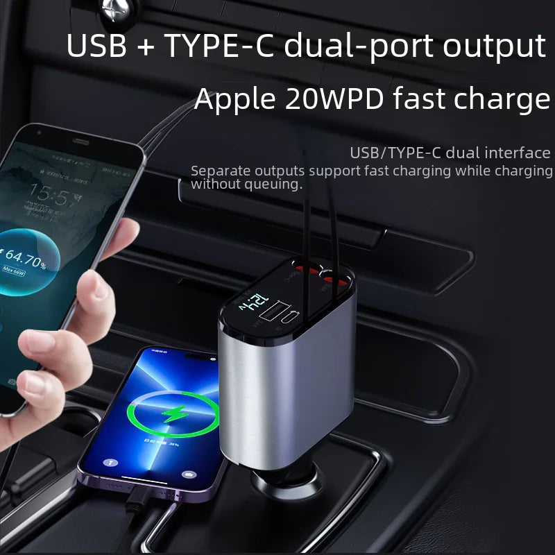 100W Metal Car Charger with USB and Type-C Adapters